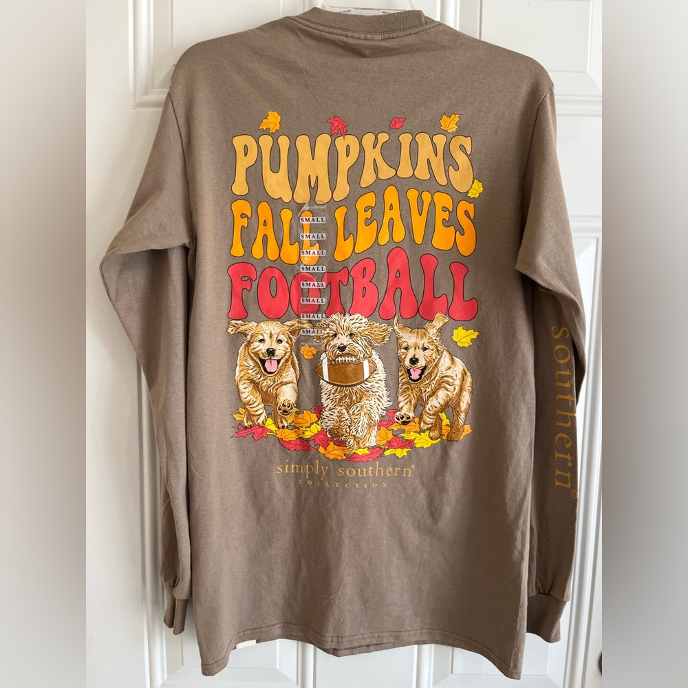 NWT Simply Southern Long Sleeve Tshirt Pumpkins Fall Leaves Football Dogs Size S